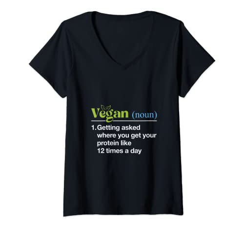 Mujer Vegano Cómo preguntar dónde obtiene sus proteínas veganas Camiseta Cuello V