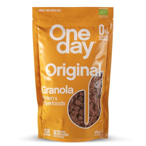 ONE DAY Granola Ecologica, Sin Azucares Añadidos, Alto en Proteína con Superfoods, Alto en Fibra, 300g (Original, 1 unidad)