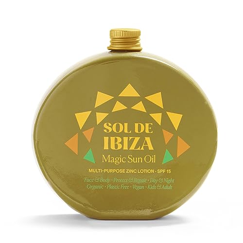 Magic Sun Oil SPF15 Sol de Ibiza - Loción multiusos de Zinc - Uso diario - Protege & Repara - Antioxidante - Cara & Cuerpo - Día & Noche - Orgánico - Sin Plástico - Vegano - Niños & Adultos