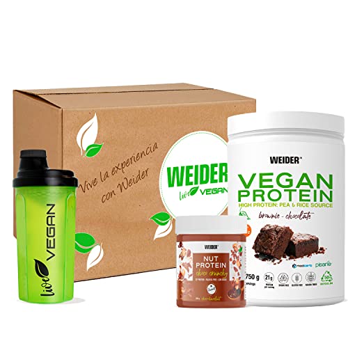 Weider-Caja vegan: 1 vegan protein de chocolate de 750g + 1 nut protein crunchy + shaker de regalo