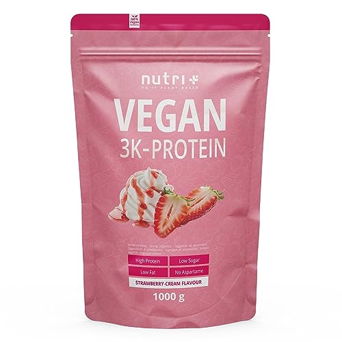 Nutri + Vegan Protein Powder Fresa y Nata - 1kg 83% de Proteínas de Origen Vegetal - Batido Vegano para Entrenamiento
