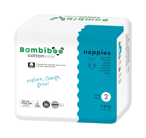 Bambiboo Pañales para bebé de Cottonwear, tamaño 2 mini (3-8 kg), pañales desechables para bebés con algodón orgánico y sustancias vegetales con cuello umbilical, 26 unidades