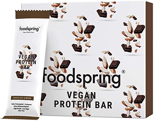 foodspring Barrita Proteica Vegana, 12 x 60g, Chocolate y Almendras, tu snack proteico vegano con proteína 100% vegetal