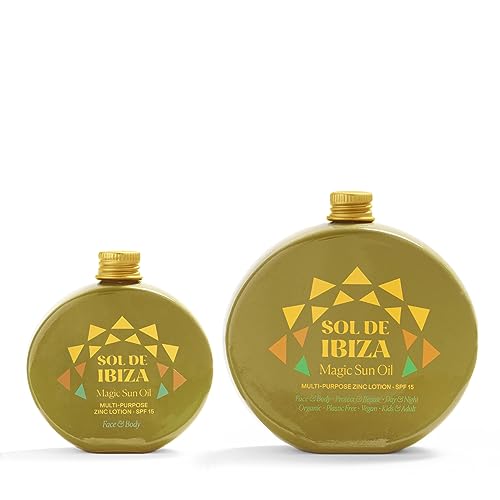 Magic Sun Oil SPF15 Sol de Ibiza - Loción multiusos de Zinc - Uso diario - Protege & Repara - Antioxidante - Cara & Cuerpo - Día & Noche - Orgánico - Sin Plástico - Vegano - Niños & Adultos