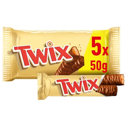 Twix Chocolatina con Galleta crujiente y suave caramelo recubiertos de chocolate con leche, en barrita doble, Multipack (5 x 50g)