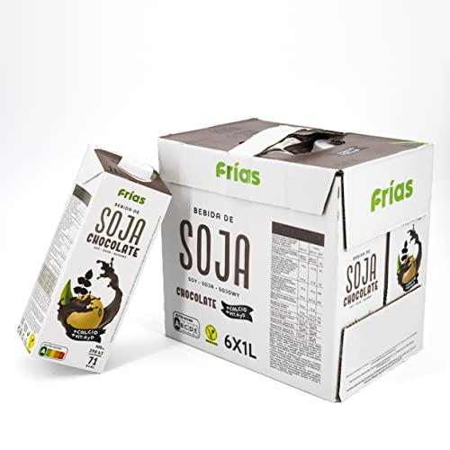 Frías - Bebida Vegetal de Soja Chocolate - Sin Gluten y Sin Lactosa - Pack de 6 Unidades de 1L - 100% Vegana - Bajo Contenido en Grasas Saturadas - Elaborada en España