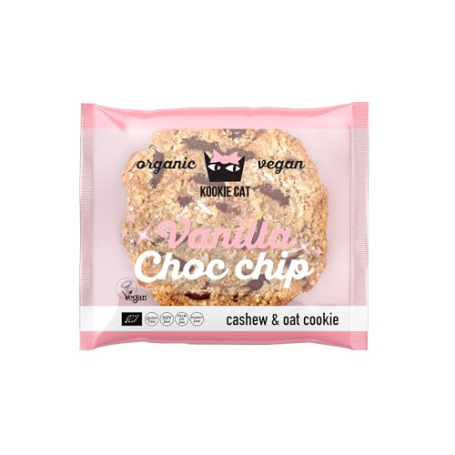 Kookie Cat Vanilla Choc Chip Galletas Veganas Envueltas Individualmente, Sin Gluten, Sin Soja, Bio y Orgánicas, Anacardos y Avena-Paquete Múltiple de 12 x 50 g