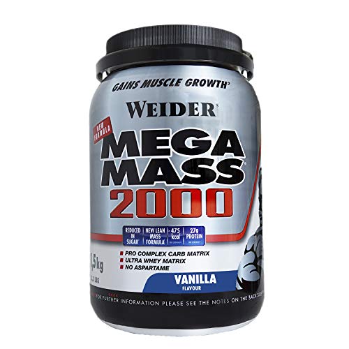Weider Mega Mass 2000 Sabor Vainilla (1500 g). 67% de hidratos y 16% proteínas. Enriquecido con Vitaminas y Minerales. Con menos azúcares