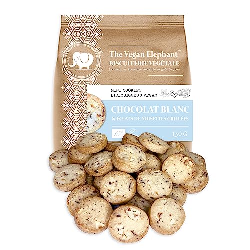 Mini galletas de chocolate blanco & Brotes de avellanas tostadas – Fabricación artesanal, orgánica y vegana – 4 bolsas compostables de 130 g (520 g)