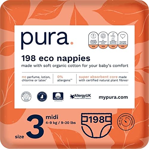 Pura Pañales Premium Eco para bebé - Tamaño 3 (Mini 4-9kg / 9-20 lbs) 6 paquetes de 33 pañales (198 en total), Fibras vegetales naturales certificados FSC, puras, respetuosas con el medio ambiente