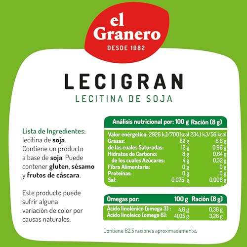 El Granero Integral - Lecigran, Lectina de Soja - 500 g - Rico en Vitaminas y Minerales - Favorece el Tránsito Intestinal - Beneficiosa para la Circulación Arterial - No GM - Apta para Veganos