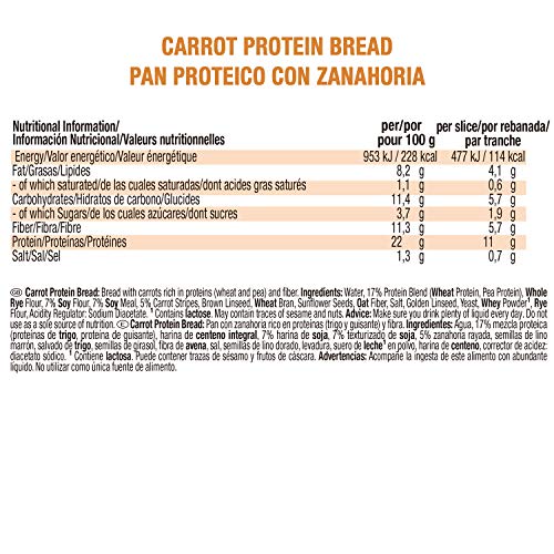 Weider Protein Bread Carrot. Pan Proteico con 11g de proteína y un 5% de zanahoria por rebanada. Con fibra y bajo en azúcares. (1x250 g)