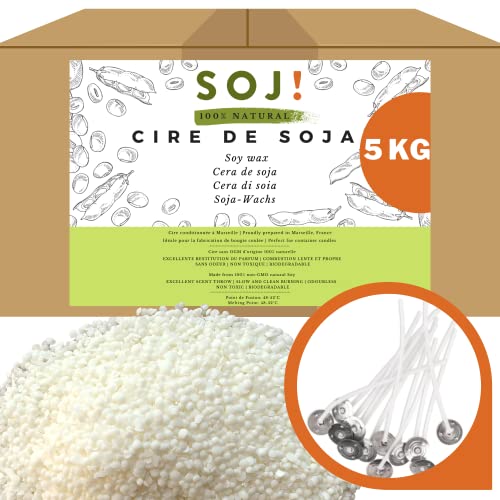 Soj - Cera de soja de 5 kg para velas sin OGM 100% natural, E-BOOK+50 MECHES INCLUIDOS. Fabricación de velas cortadas, cera de vela, envasada en Francia