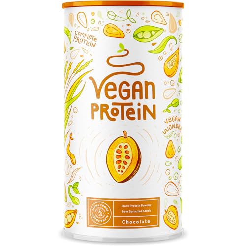 Proteína Vegana - Sabor CHOCOLATE - Proteína Vegetal de Soja, Arroz, Guisantes y semillas de Cáñamo, lino, amaranto, girasol y calabazas germinadas - Vegan protein endulzado - 600 gr