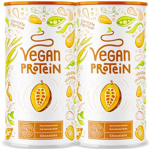 Proteína Vegana - Sabor CHOCOLATE - Proteína Vegetal de Soja, Arroz, Guisantes y semillas de Cáñamo, lino, amaranto, girasol y calabazas germinadas - Vegan protein - 2 x 600 gr