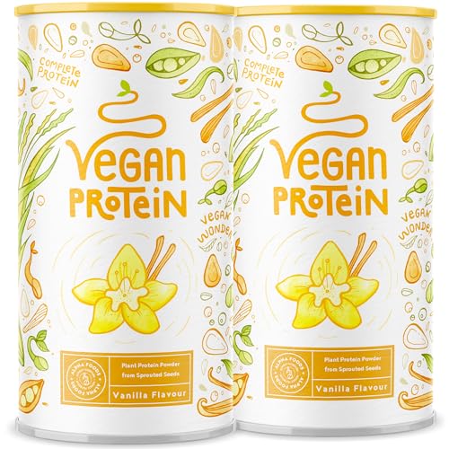 Proteína Vegana - Sabor VAINILLA - Proteína Vegetal de Guisantes, Soja, Arroz y semillas de lino, amaranto, girasol y calabazas germinadas - con Esteviol - 1200 gr (600gr x 2)