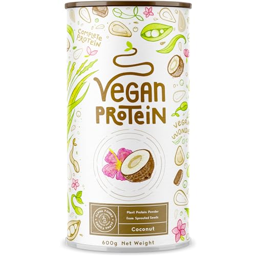 Proteina Vegana - COCO - Proteinas vegetal de arroz, guisantes, semillas de lino, amaranto, semillas de girasol y semillas de calabaza germinadas - 600 g en polvo con sabor a Coco