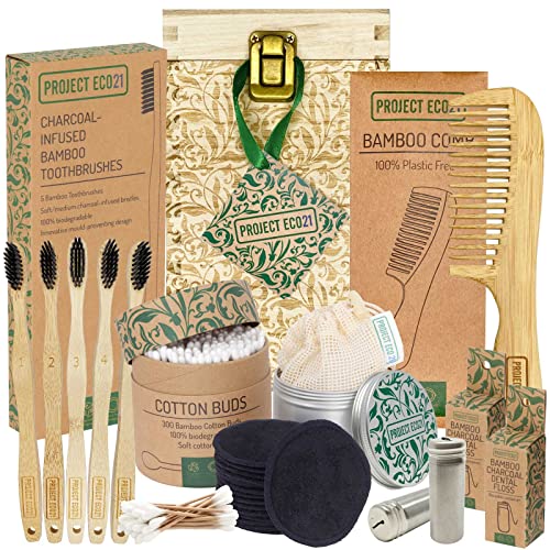 ECO21 Cofre de Belleza Sostenible: discos desmaquillantes reutilizables, cepillos de dientes de bambú, bastoncillos ecológicos y más productos ecologicos en una caja de madera | regalos ecologicos